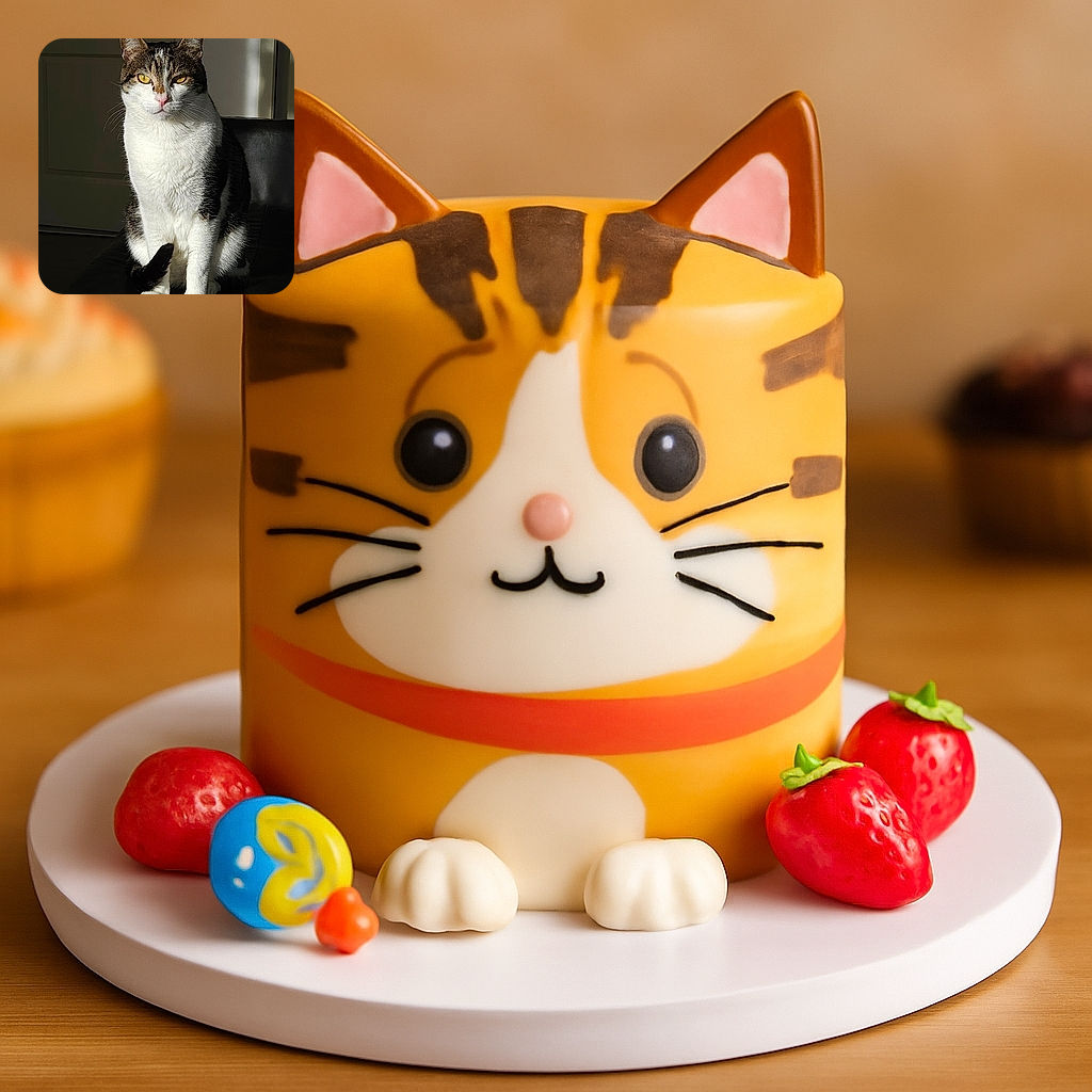 A regal tabby and white cat sits poised on a black leather surface, basking in a patch of sunlight that highlights its intense yellow eyes and soft fur. The background is a muted indoor setting with a door and subtle shadows, giving the scene a calm and contemplative vibe.