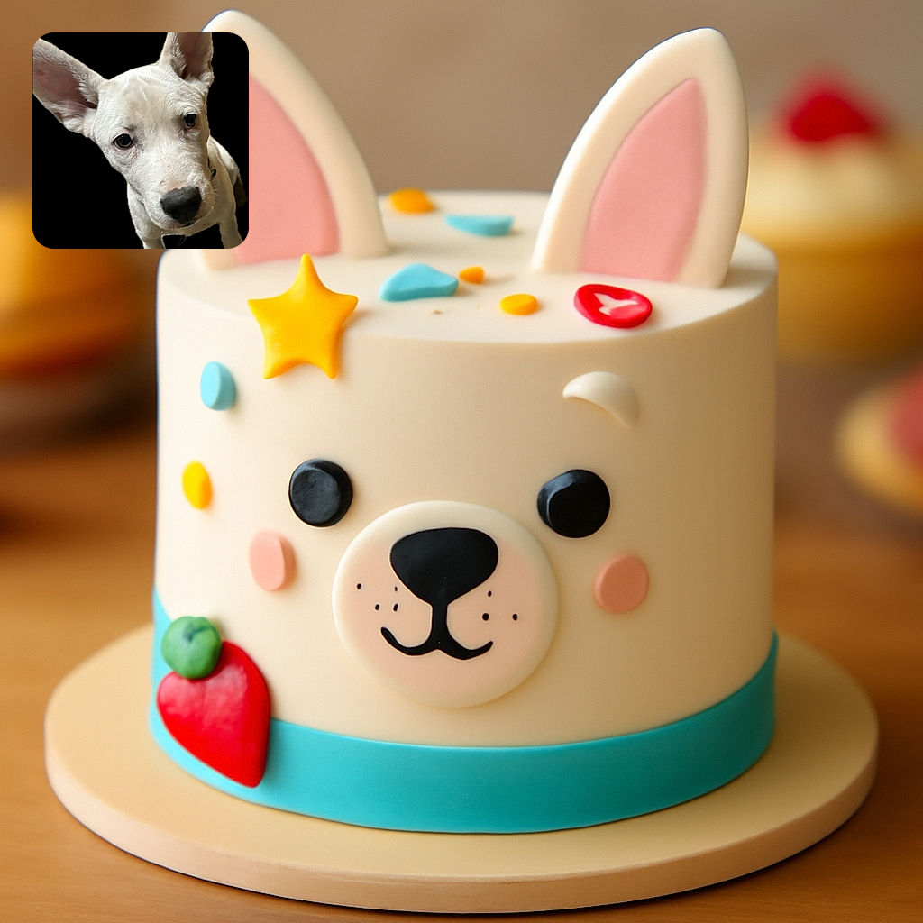 A curious white dog with large ears stares directly into the camera against a solid black background, creating a striking and intimate portrait with a playful vibe.
