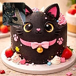 A glossy black cat with hypnotic golden eyes lounges on a corrugated cardboard scratcher between dark wooden slats, sporting a floppy pink collar like it’s runway-ready. One paw is dramatically outstretched as it gives the camera a mixture of judgment and undeniable charm — the kind of stare that silently demands treats.