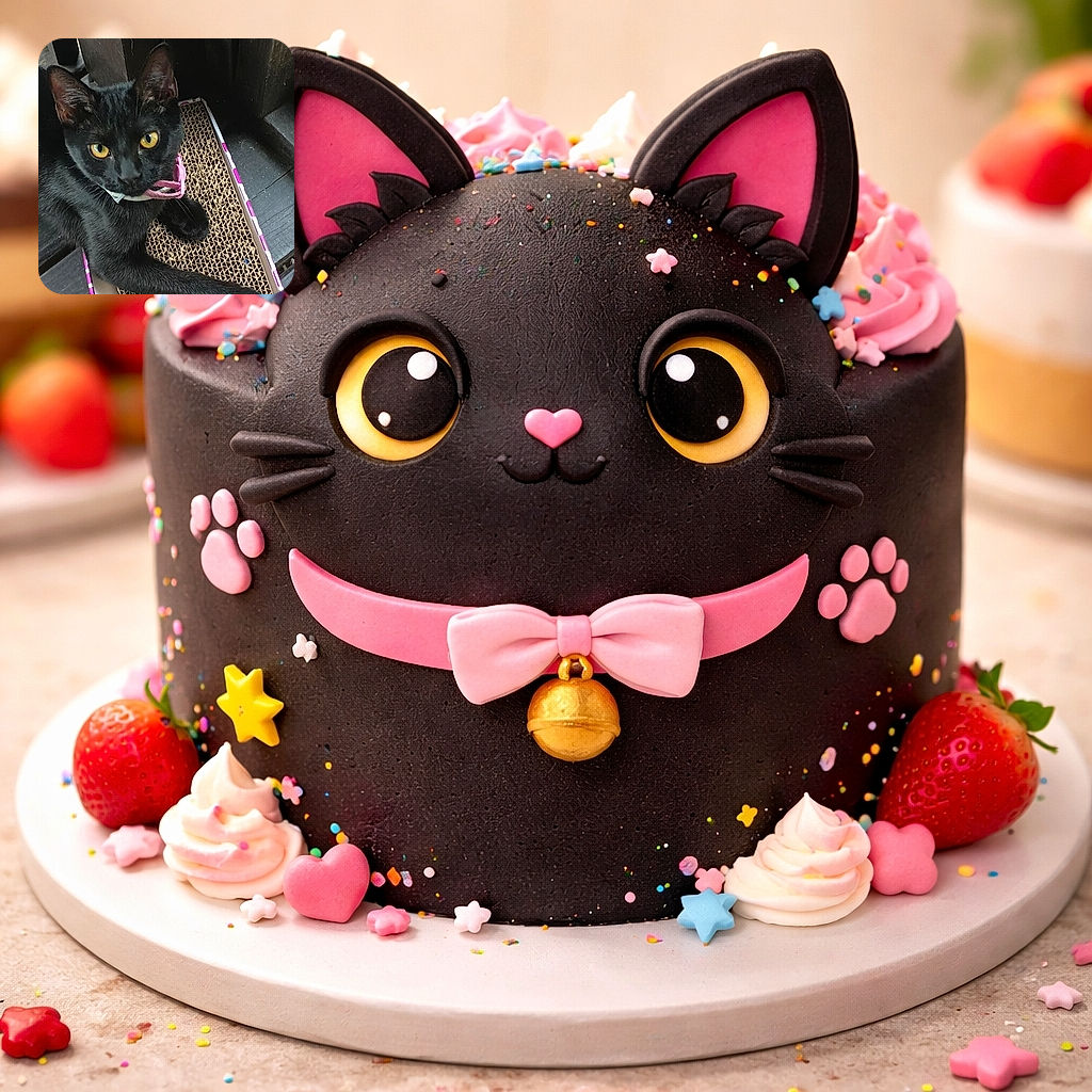 A glossy black cat with hypnotic golden eyes lounges on a corrugated cardboard scratcher between dark wooden slats, sporting a floppy pink collar like it’s runway-ready. One paw is dramatically outstretched as it gives the camera a mixture of judgment and undeniable charm — the kind of stare that silently demands treats.