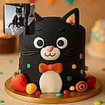 A tuxedo cat with bright yellow eyes and a classy brown bow tie is sitting patiently on carpeted stairs, framed by a wooden banister in the foreground. The image has a cozy home vibe but is slightly out of focus, adding a soft charm to the scene.