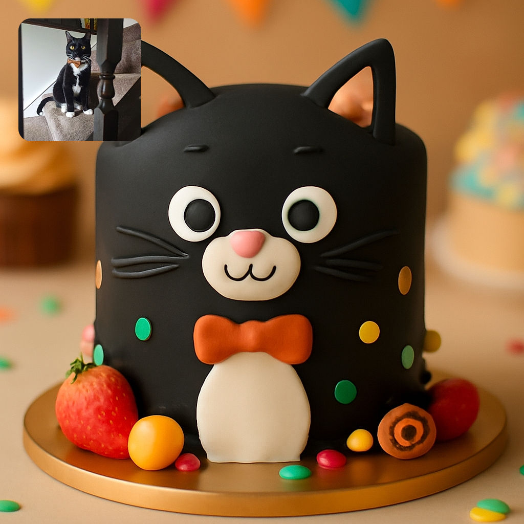 A tuxedo cat with bright yellow eyes and a classy brown bow tie is sitting patiently on carpeted stairs, framed by a wooden banister in the foreground. The image has a cozy home vibe but is slightly out of focus, adding a soft charm to the scene.