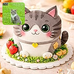 A curious gray and white cat sits attentively in a lush green lawn, with a rustic deer statue peeking from the left side, creating a peaceful garden scene.