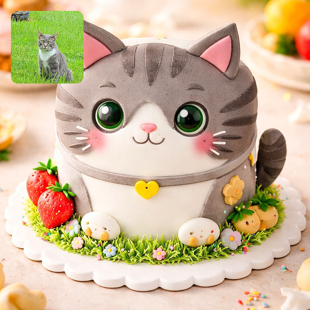 A curious gray and white cat sits attentively in a lush green lawn, with a rustic deer statue peeking from the left side, creating a peaceful garden scene.