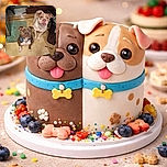 Two dogs looking up with curious expressions, one wearing a blue collar. The photo is a bit blurry and taken indoors on a yellow floor with some household items and a green mat in the background.