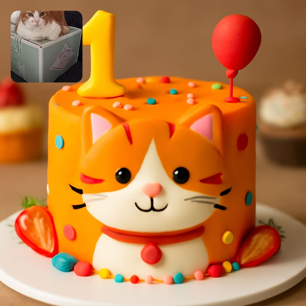 A chubby orange and white cat is comfortably perched on a champagne box, looking directly at the camera with a calm but slightly unimpressed expression. The background is a dark quilted fabric and a plain white wall, giving a cozy indoor vibe.