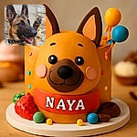 A cheerful German Shepherd named Naya is captured mid-paw wave, looking happy and playful against a rustic stone wall background.