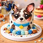 A tiny, adorable dog wearing a cozy blue sweater sits attentively in a plush pet bed, surrounded by a colorful collection of DVDs on a shelf behind, creating a warm and homey atmosphere.