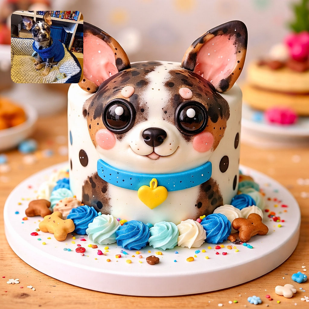 A tiny, adorable dog wearing a cozy blue sweater sits attentively in a plush pet bed, surrounded by a colorful collection of DVDs on a shelf behind, creating a warm and homey atmosphere.