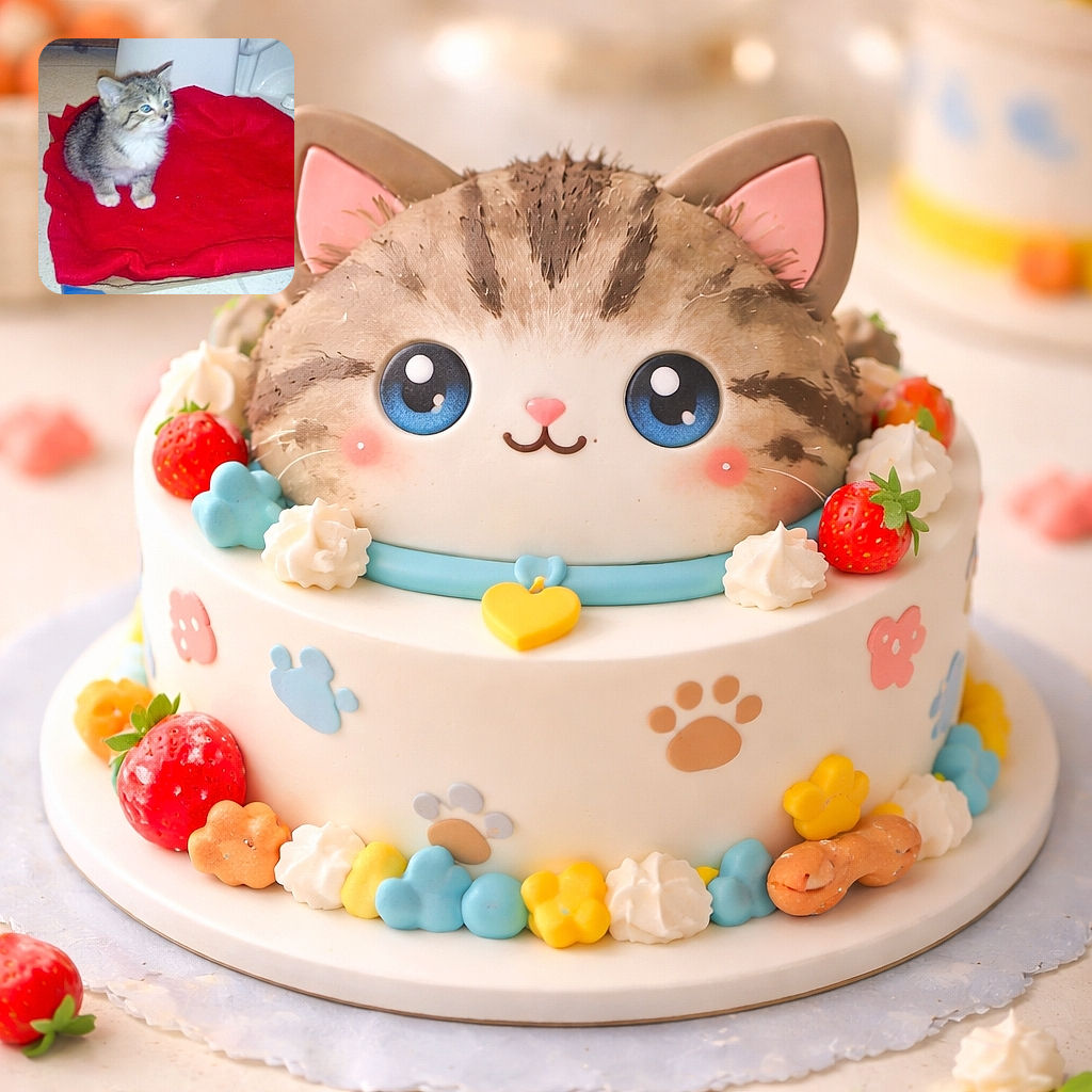 A tiny tabby kitten sits on a lumpy red blanket like it's auditioning for a soap commercial, eyes wide and slightly bewildered while a rubber-duck patterned container watches from the side.