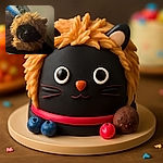 A mysterious black cat wearing a fluffy lion mane costume, looking regal and slightly amused, with a person partially visible in the dim background, creating a cozy yet quirky vibe.