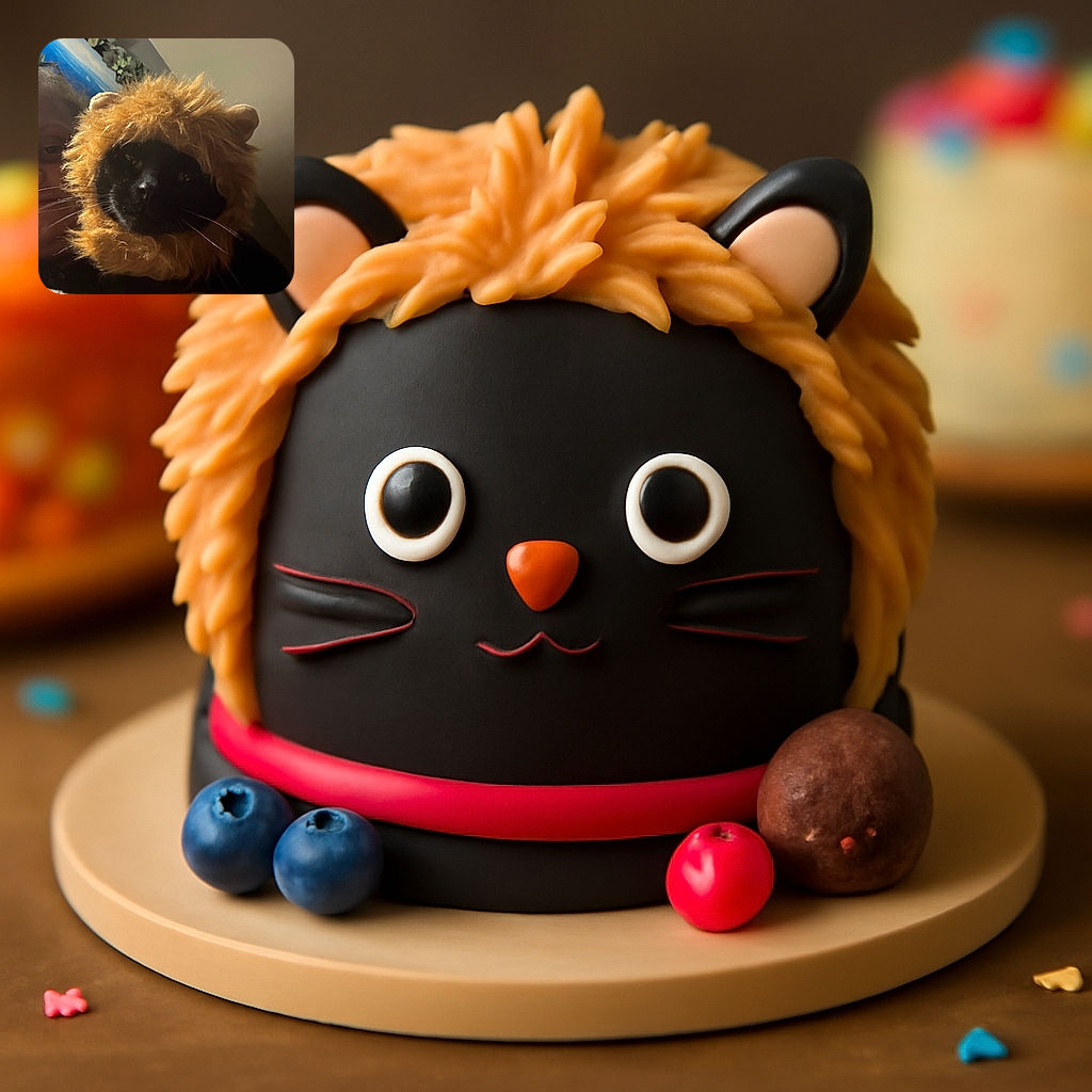 A mysterious black cat wearing a fluffy lion mane costume, looking regal and slightly amused, with a person partially visible in the dim background, creating a cozy yet quirky vibe.