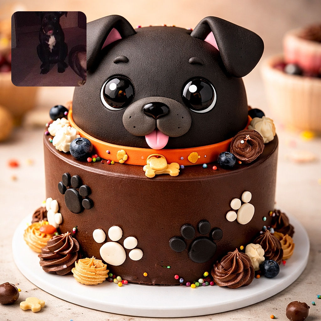 A grainy, low-light portrait of a black dog with a white chest patch sitting like a tiny, serious bouncer — tongue peeking out and eyes reflecting green like it knows a secret. The background is dim hallway and a pet bed is visible to the side; overall looks cozy but captured with a phone that forgot how to focus.