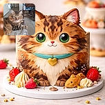 A majestic fluffy tabby cat lounges comfortably on a patterned surface, gazing intently with bright yellow-green eyes, while the cozy indoor setting with wooden furniture and soft lighting adds a warm, homely vibe.