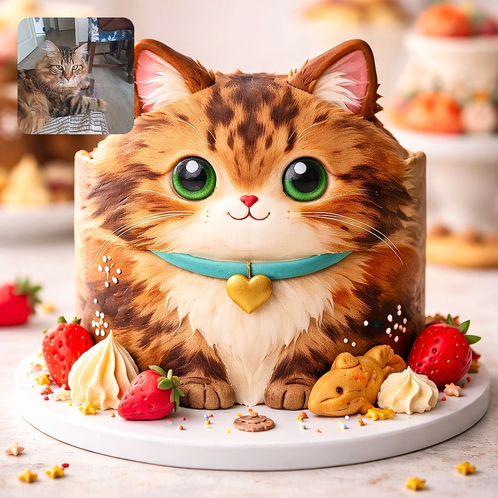 A majestic fluffy tabby cat lounges comfortably on a patterned surface, gazing intently with bright yellow-green eyes, while the cozy indoor setting with wooden furniture and soft lighting adds a warm, homely vibe.