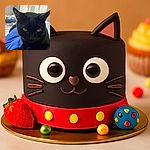 A sleek black cat lounges comfortably on a blue fabric, staring intensely at the camera with its piercing eyes. The background is softly blurred, featuring a bed with a colorful pillow and a small green toy, creating a cozy indoor atmosphere.