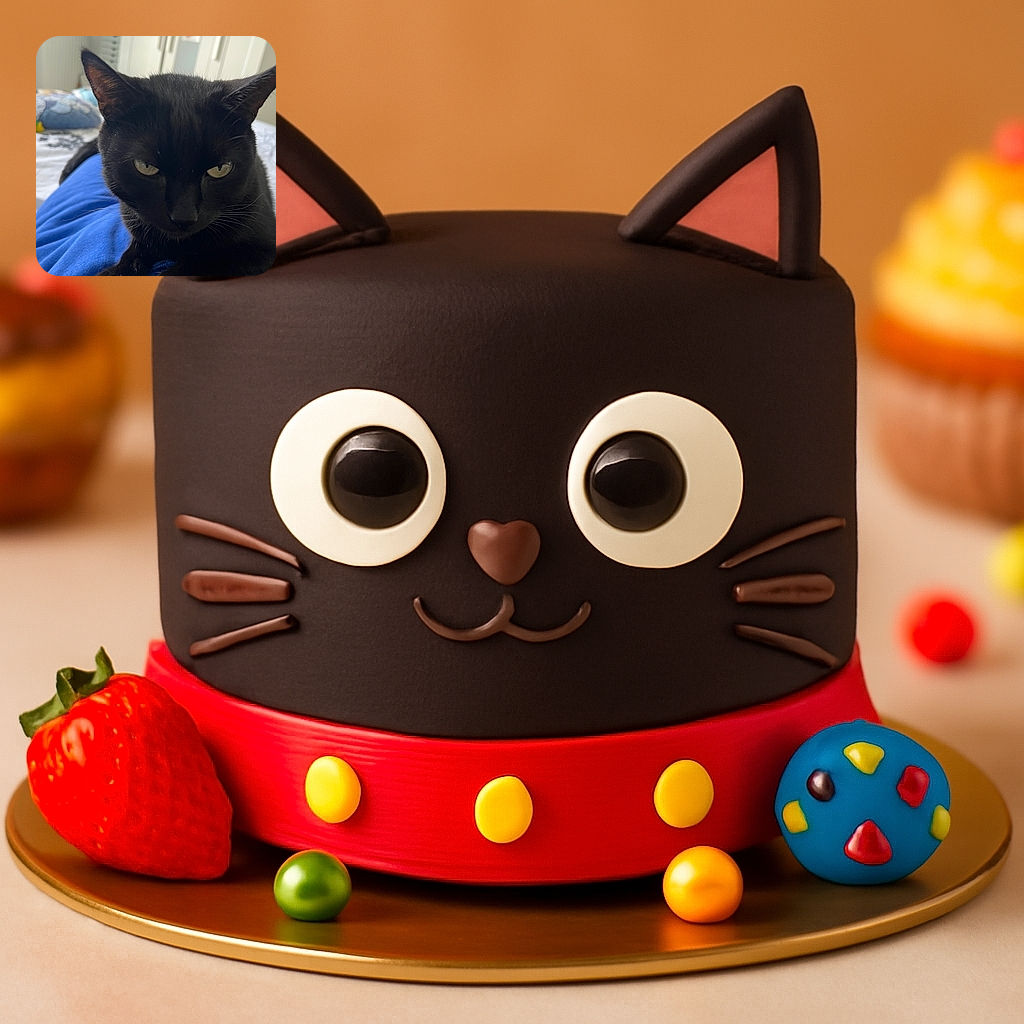 A sleek black cat lounges comfortably on a blue fabric, staring intensely at the camera with its piercing eyes. The background is softly blurred, featuring a bed with a colorful pillow and a small green toy, creating a cozy indoor atmosphere.