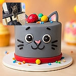 A charming gray cat with bright yellow eyes is playfully peeking out of a cozy black cat tree, mouth slightly open as if mid-meow or telling a joke, with its paws dangling over the edge like a furry little boss.