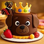 A regal dog dressed in an elaborate Renaissance-style outfit with a ruffled collar and a red velvet sash, topped with a cartoonish crown emoji, posing like royalty in a classical portrait style.
