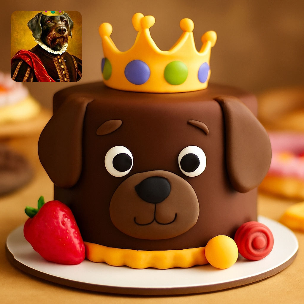 A regal dog dressed in an elaborate Renaissance-style outfit with a ruffled collar and a red velvet sash, topped with a cartoonish crown emoji, posing like royalty in a classical portrait style.