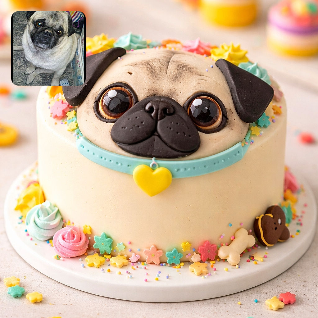 A cute pug dog sitting on a tiled floor looking up with big, expressive eyes. Nearby is a remote control and a colorful striped bag in the background, adding a cozy, lived-in feel to the scene.