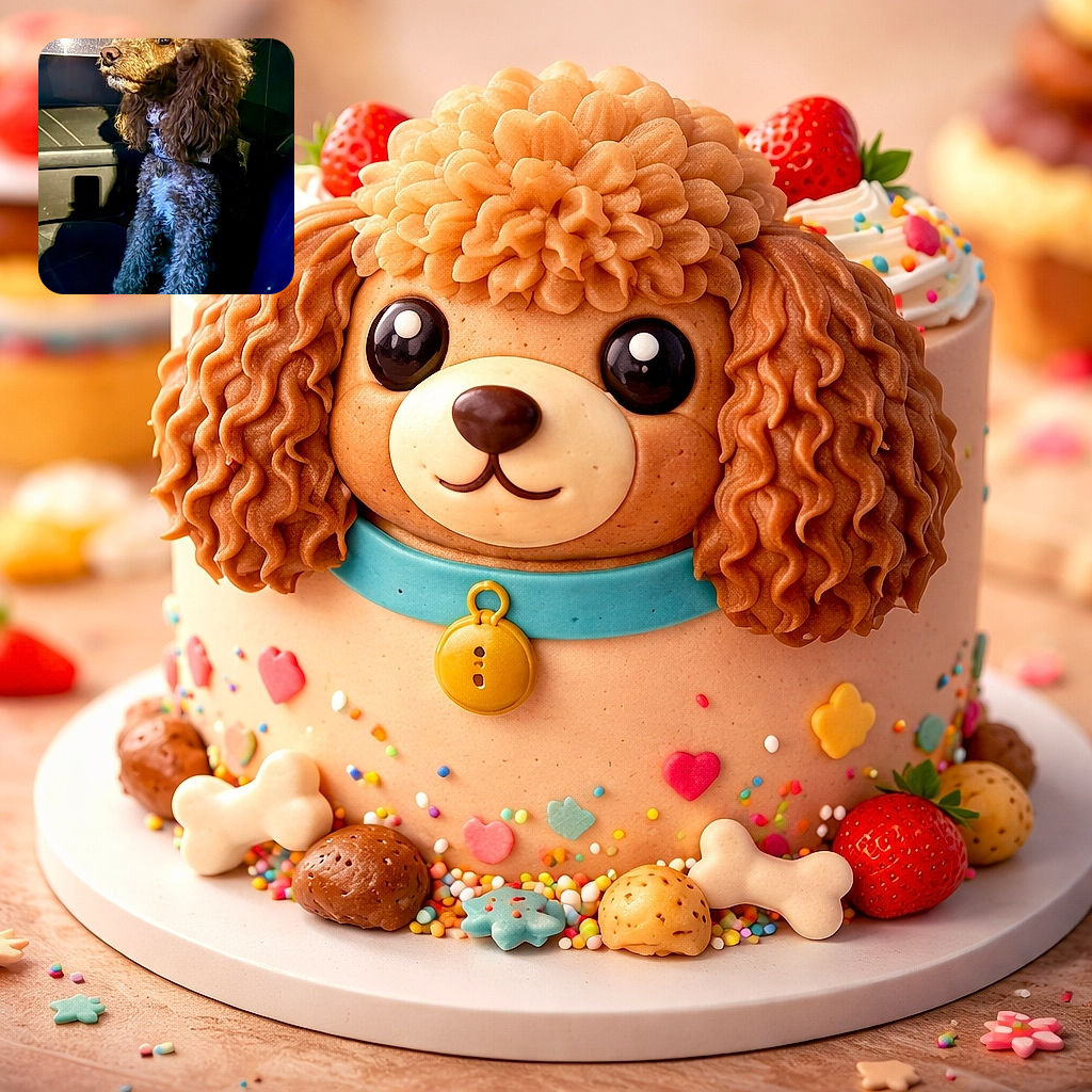 A dignified curly-haired poodle strikes a heroic side-profile in the passenger seat, ears flowing like a tiny lion's mane under warm streetlight and cool blue car interior glows — collar tag catching the light as if accepting applause for excellent backseat behavior.