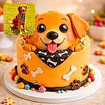 A happy golden retriever sporting a black bandana with bone patterns sits proudly on a sunny grassy field, tongue playfully hanging out, with a green agility tunnel blurred in the background.