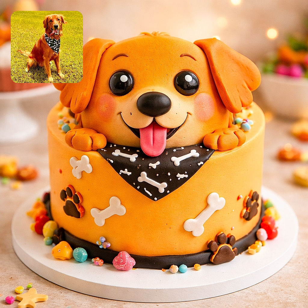A happy golden retriever sporting a black bandana with bone patterns sits proudly on a sunny grassy field, tongue playfully hanging out, with a green agility tunnel blurred in the background.