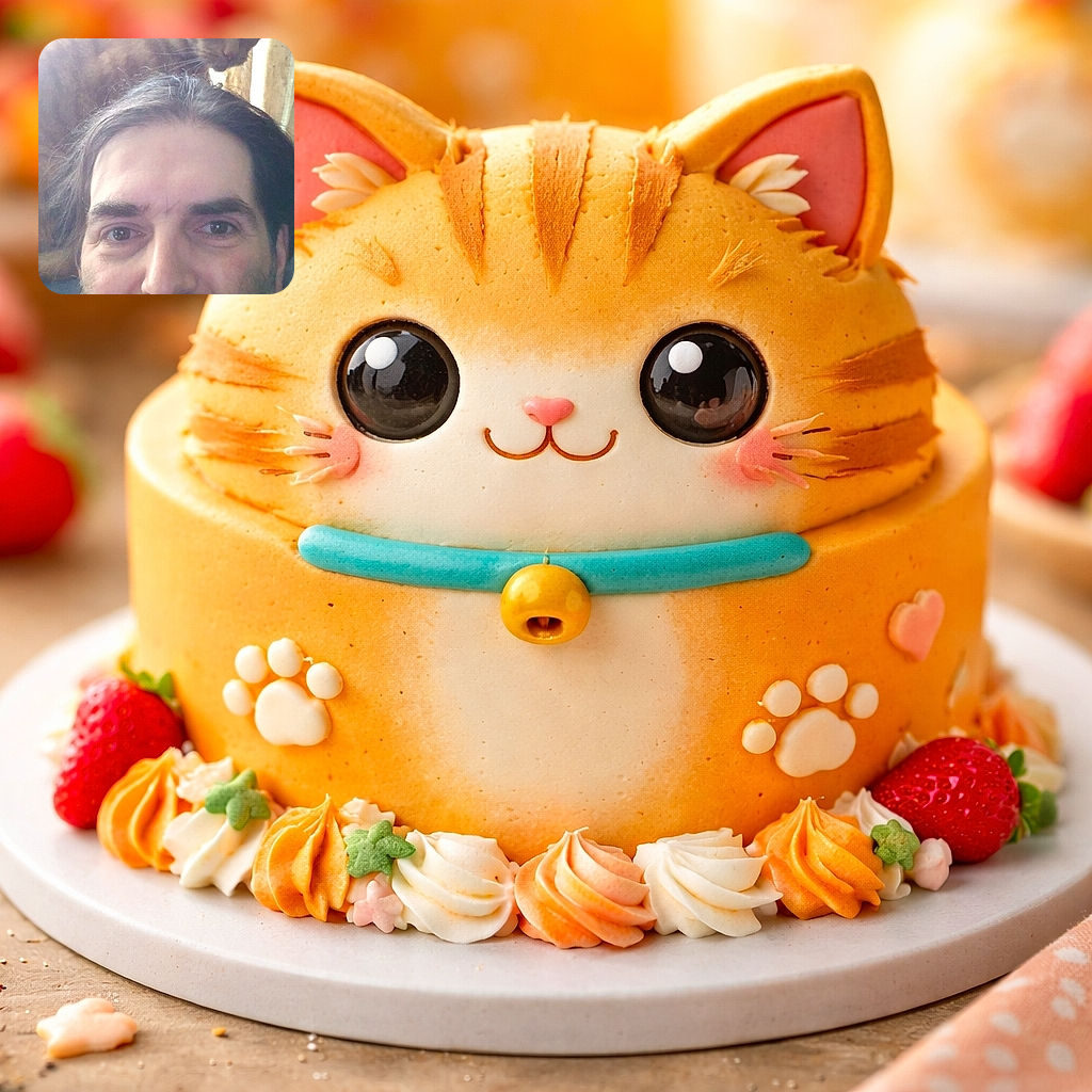 A man with a salt-and-pepper beard poses for a selfie while a curious orange tabby cat perches above his head, casting a watchful gaze downward. The backlighting from a window creates a soft glow around the cat, adding a warm, cozy atmosphere to this candid moment of human-feline friendship.