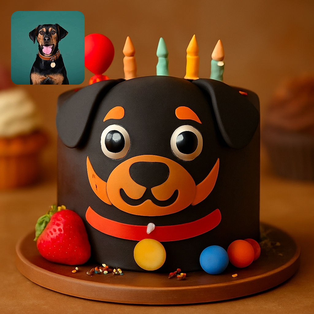 A happy dog with a shiny black and tan coat poses against a smooth teal background, tongue out in a joyful pant, wearing a sturdy brown leather collar with a round tag, looking like the best studio model ever.