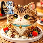 A majestic fluffy tabby cat stares intensely ahead, its fur glowing with warm tones and subtle shadows, sitting against a dark background that makes its stripes pop like a furry tiger in a cozy den.