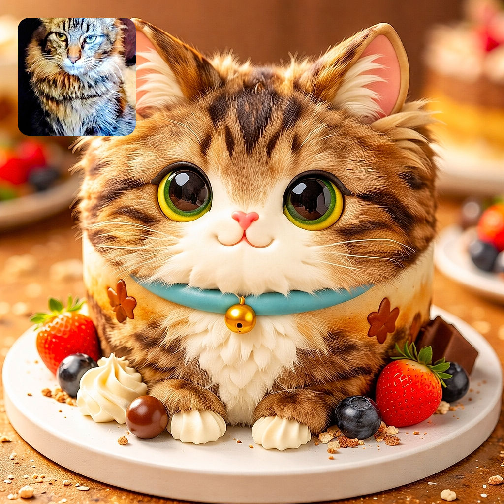 A majestic fluffy tabby cat stares intensely ahead, its fur glowing with warm tones and subtle shadows, sitting against a dark background that makes its stripes pop like a furry tiger in a cozy den.