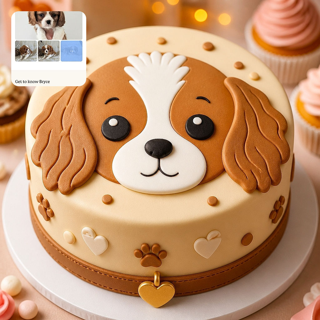 A Cavalier King Charles Spaniel puppy stares into the camera with the solemn expression of a tiny, floppy-eared aristocrat. The image is shown inside a pet-listing app screenshot, complete with extra puppy thumbnails, profile text, and a prominent “Reserved” button—apparently this little monarch has already found a kingdom.