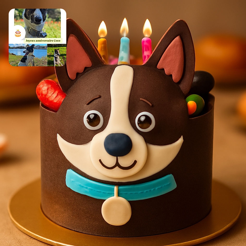 A collage of adorable photos featuring a lively black and white dog named Coco, enjoying various outdoor settings from sunny parks to snowy backgrounds. The dog poses with curious and happy expressions, while the collage is decorated with playful hand-drawn hearts and a birthday message in French, making it a charming and celebratory tribute.