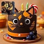 A tortoiseshell cat lounges comfortably, its strikingly patterned fur and big, curious eyes stealing the spotlight against a soft, textured background.