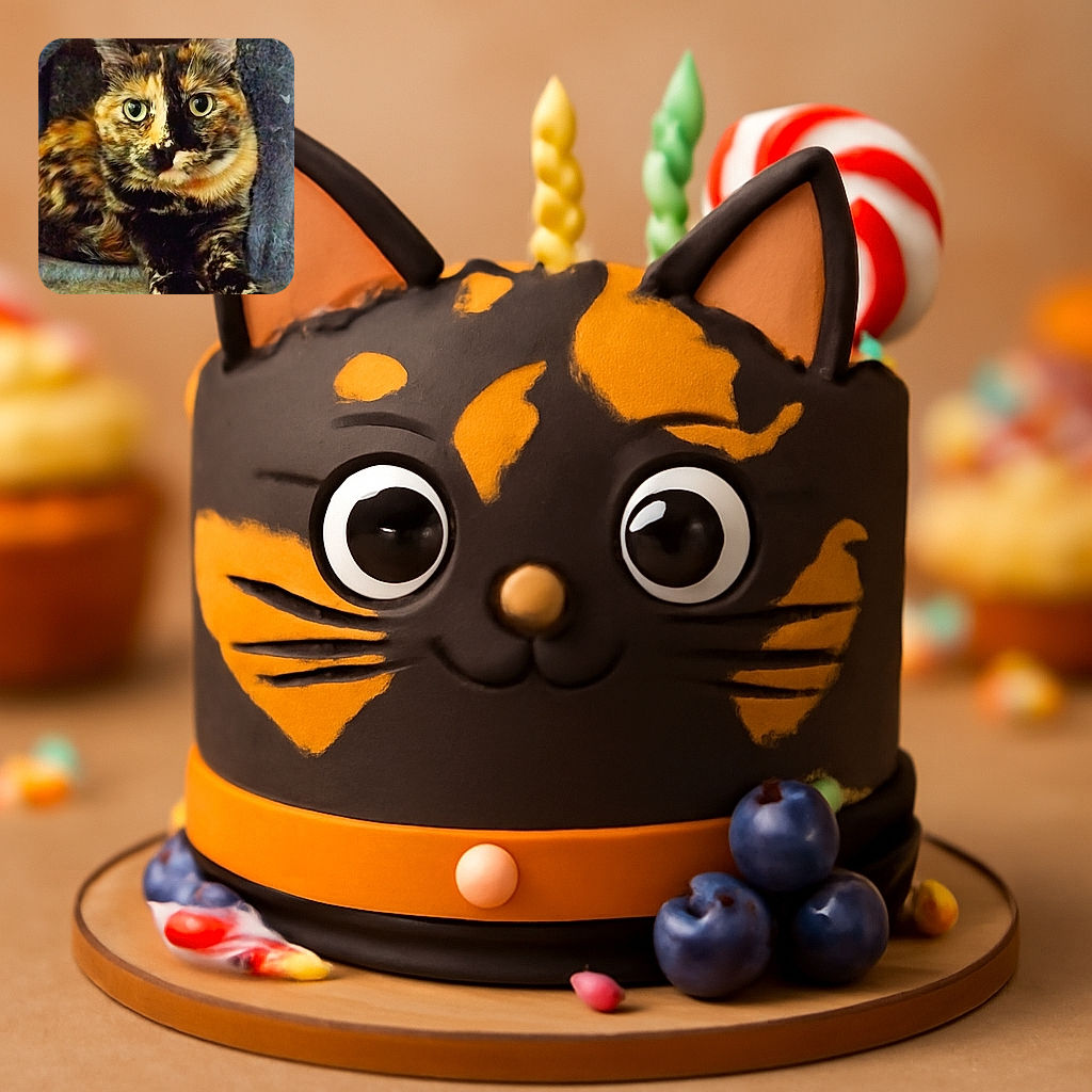 A tortoiseshell cat lounges comfortably, its strikingly patterned fur and big, curious eyes stealing the spotlight against a soft, textured background.