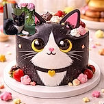 A sleek black and white tuxedo cat lounges elegantly on a green tablecloth, staring intently at the camera with wide, curious eyes. Behind the feline, a clear vase bursts with fresh pink peonies and roses, adding a vibrant floral contrast to the cozy indoor setting.