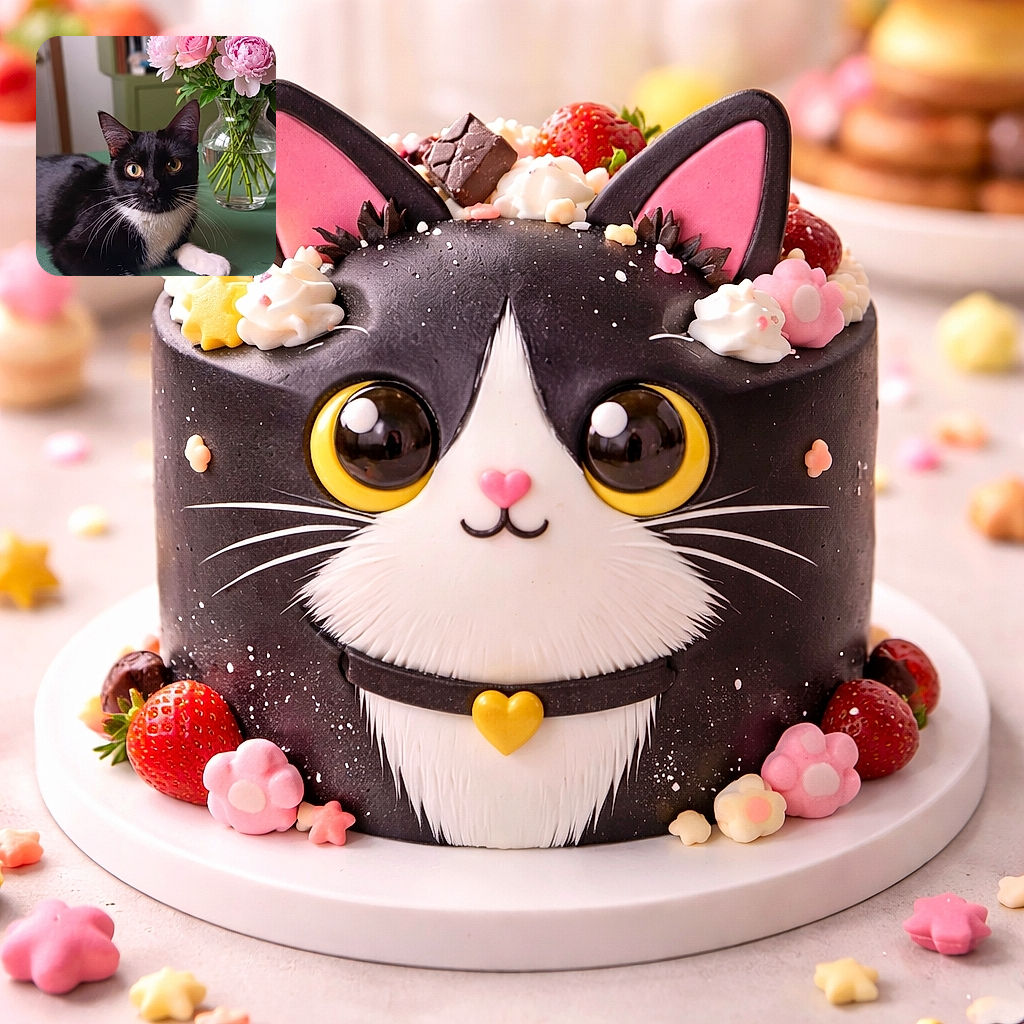A sleek black and white tuxedo cat lounges elegantly on a green tablecloth, staring intently at the camera with wide, curious eyes. Behind the feline, a clear vase bursts with fresh pink peonies and roses, adding a vibrant floral contrast to the cozy indoor setting.