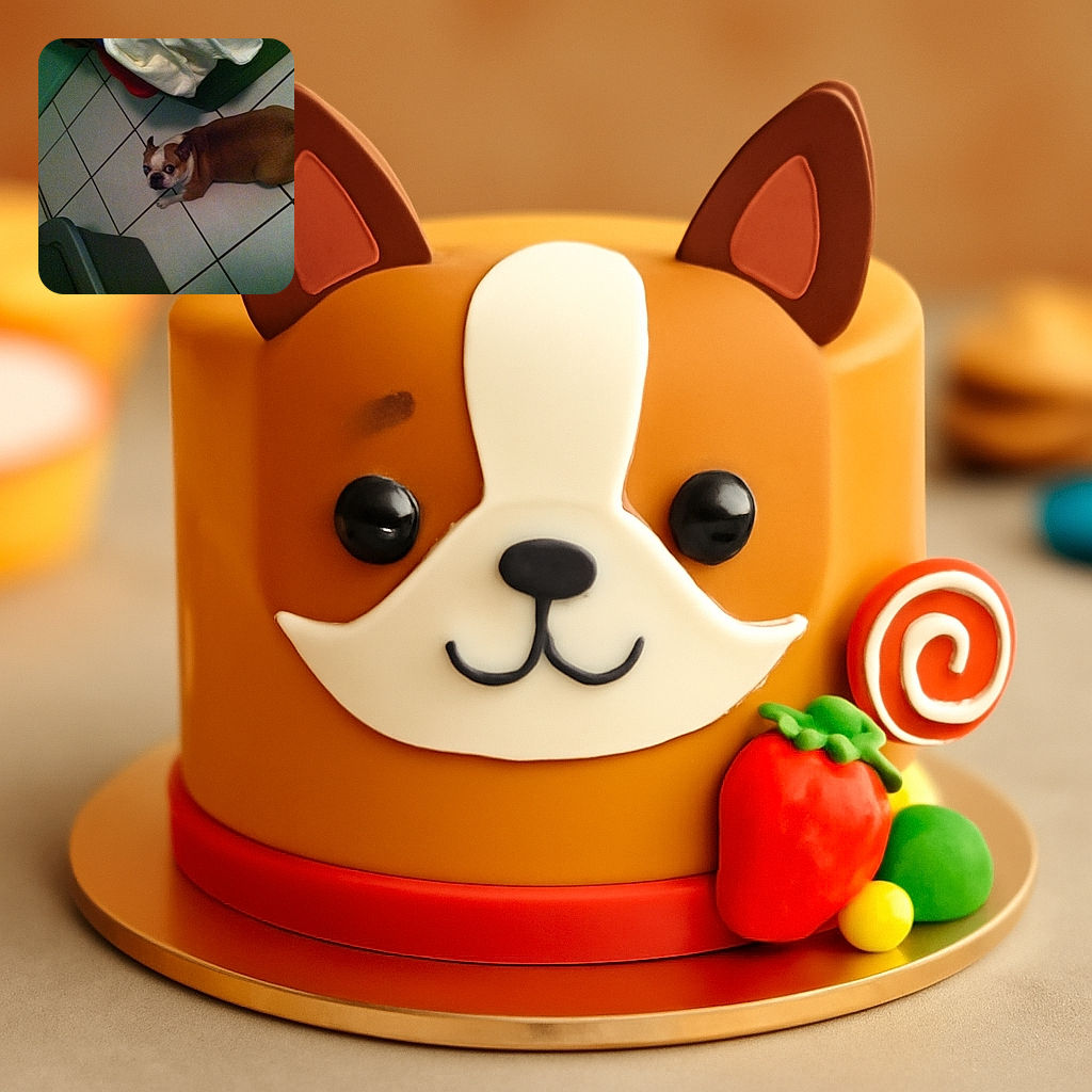 A small brown and white dog lying on a tiled floor looking back at the camera with a curious expression, surrounded by household items including a green container and a white cloth.