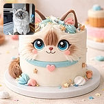 A fluffy cat with striking blue eyes sits regally on a kitchen chair, gazing thoughtfully into the distance. The background shows a modern kitchen setup with appliances and a water bottle, adding a cozy home vibe to the portrait.