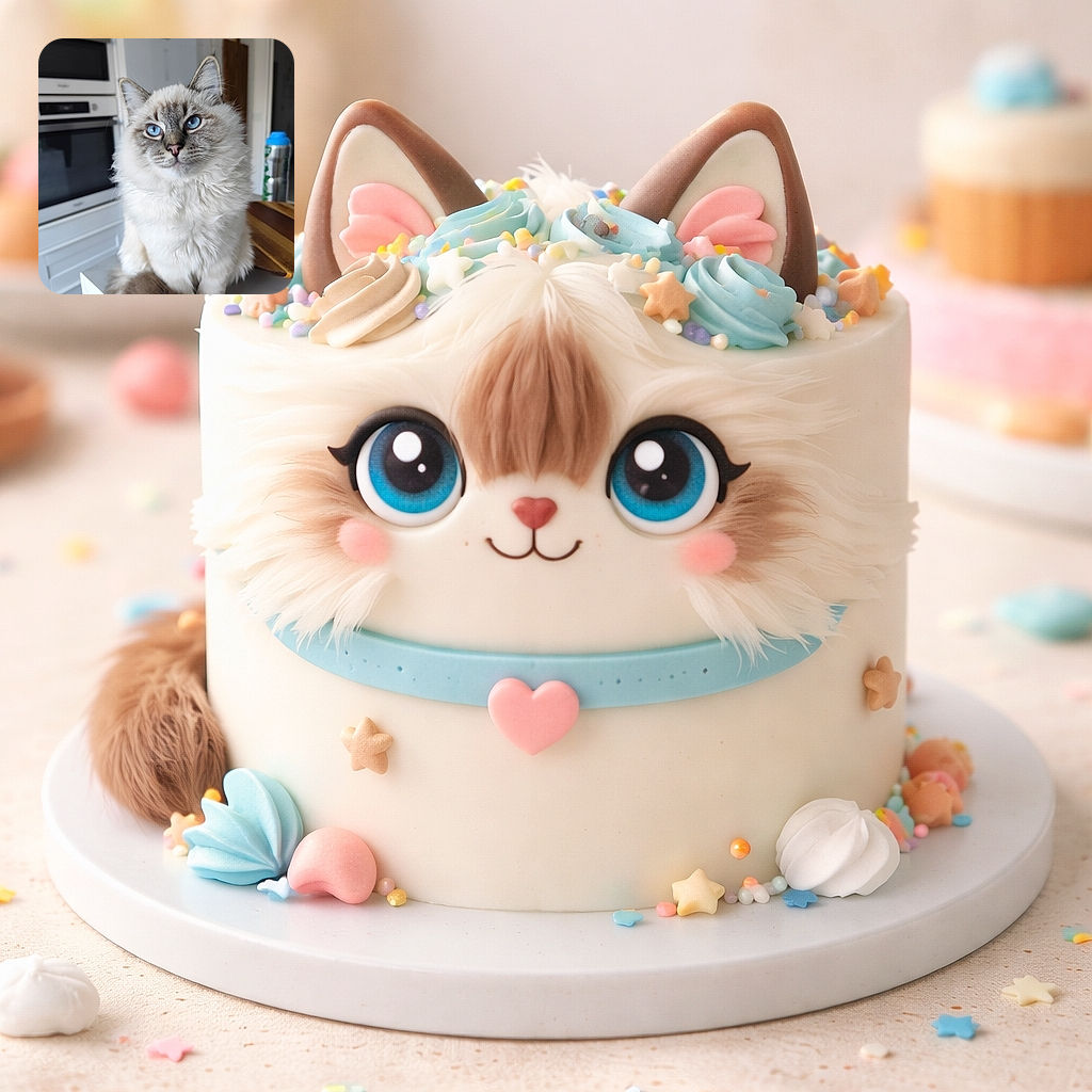 A fluffy cat with striking blue eyes sits regally on a kitchen chair, gazing thoughtfully into the distance. The background shows a modern kitchen setup with appliances and a water bottle, adding a cozy home vibe to the portrait.