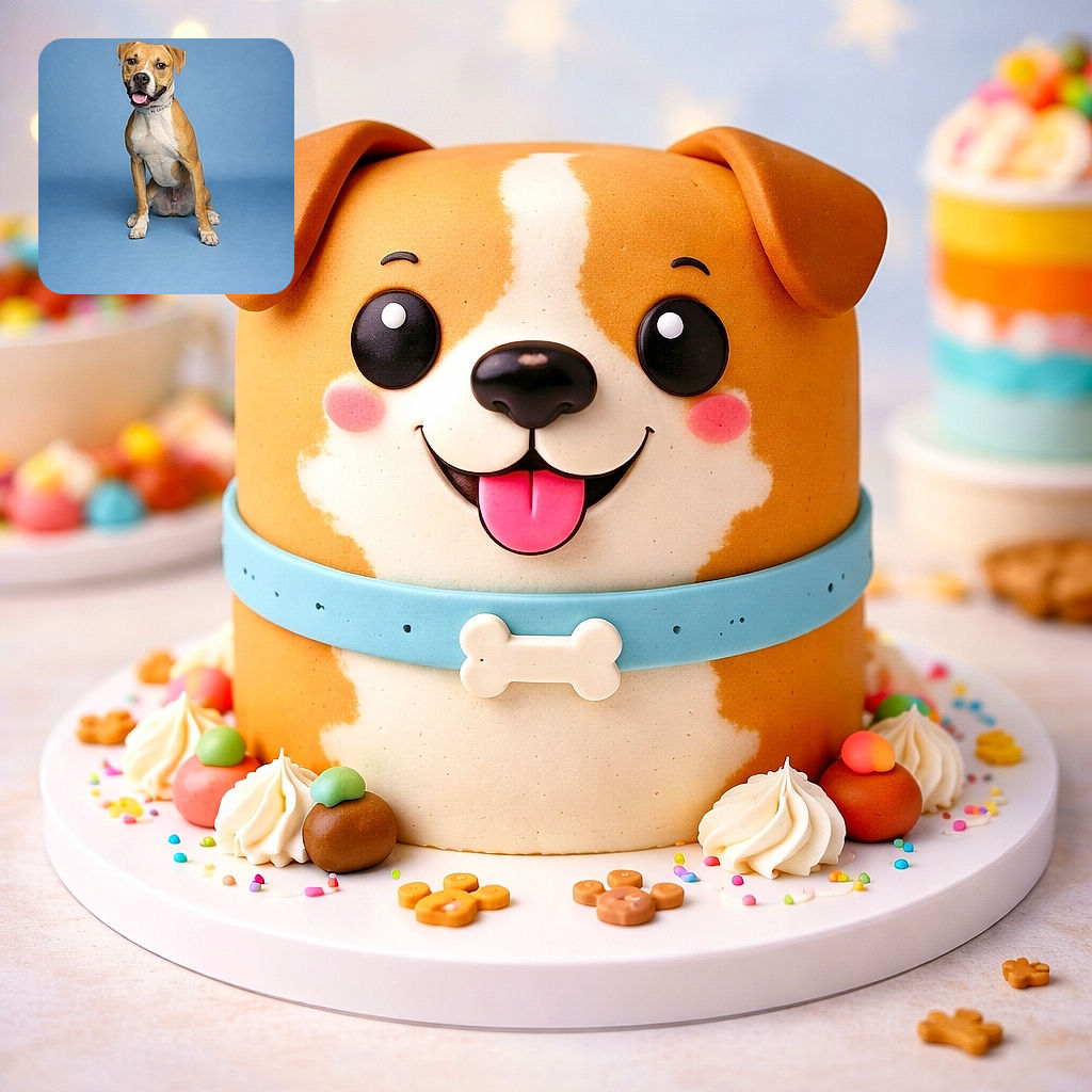 A happy dog with a tan and white coat sits obediently on a smooth blue backdrop, tongue out and ears perked, looking ready for a treat or a belly rub.