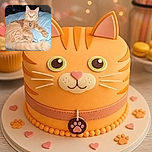 A fluffy orange cat lounges dramatically on a blue bedspread, staring into the camera like it has just been promoted to household supervisor. Its QR-code collar tag adds a tiny bit of high-tech mystery, while the enormous curled tail forms a luxurious fur blanket in the foreground.