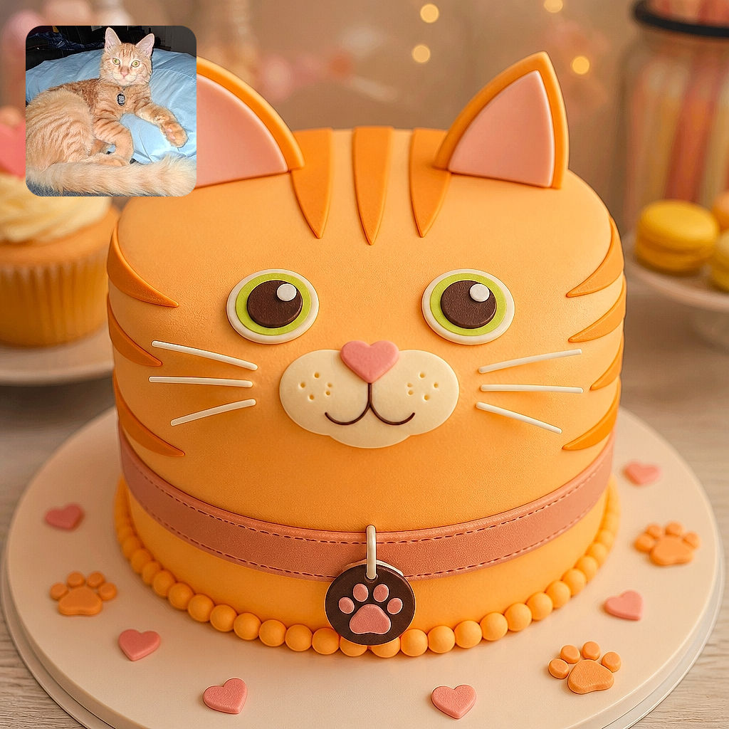 A fluffy orange cat lounges dramatically on a blue bedspread, staring into the camera like it has just been promoted to household supervisor. Its QR-code collar tag adds a tiny bit of high-tech mystery, while the enormous curled tail forms a luxurious fur blanket in the foreground.