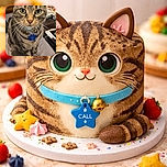 A curious tabby cat with striking green eyes and a blue collar starring intensely at the camera, sitting on a soft surface with a cozy indoor background filled with everyday household items.