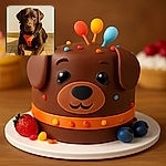 A handsome chocolate Labrador wearing a bright orange harness lounges on a tiled floor, staring intently at the camera with soulful eyes, soaking in the warm sunlight that highlights its glossy coat.