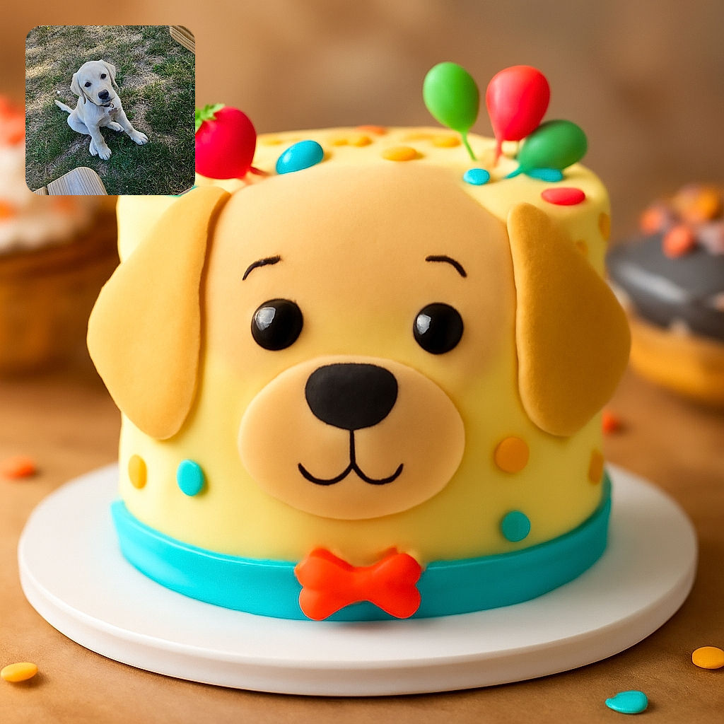 A cute yellow Labrador puppy sits on patchy grass looking up with big innocent eyes, framed by wooden outdoor furniture and warm sunlight casting soft shadows.