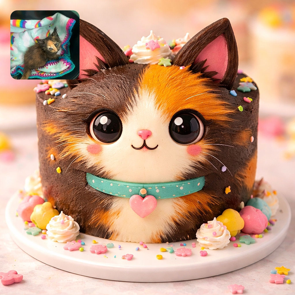 A tiny kitten with a mix of dark and light fur sits in a cozy basket lined with a colorful, rainbow-patterned blanket, looking up with curious eyes as if plotting its next adorable adventure.