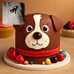 A charming brown and white dog lounges on a tiled floor, looking up with curious eyes as if plotting its next move while surrounded by chairs and a wooden table.