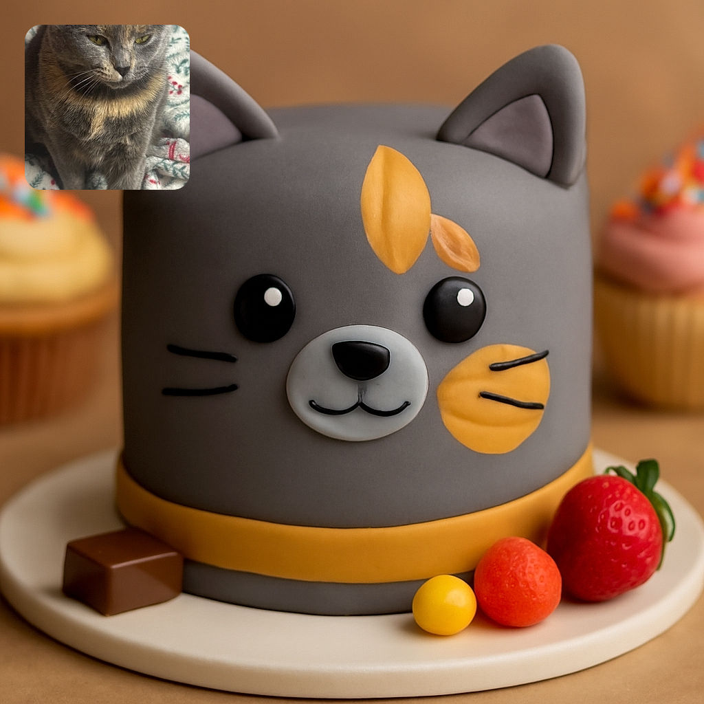 A close-up photo of a gray and tan cat sitting comfortably on a cozy, patterned blanket. The cat looks calm and slightly contemplative, with soft lighting highlighting its fur and whiskers.